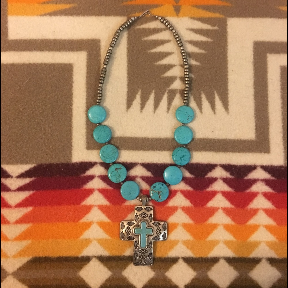 Faux Turquoise Cross Pendant Necklace